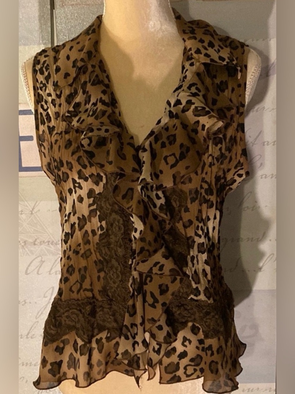 Sleeveless Leopard Print Ruffle Blouse - Brown SZ L Allison Taylor